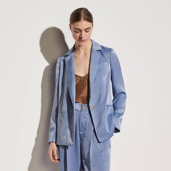 Vince Hammered Satin Drape Boyfriend Blazer in Sky Graphite - Picture 1 of 13